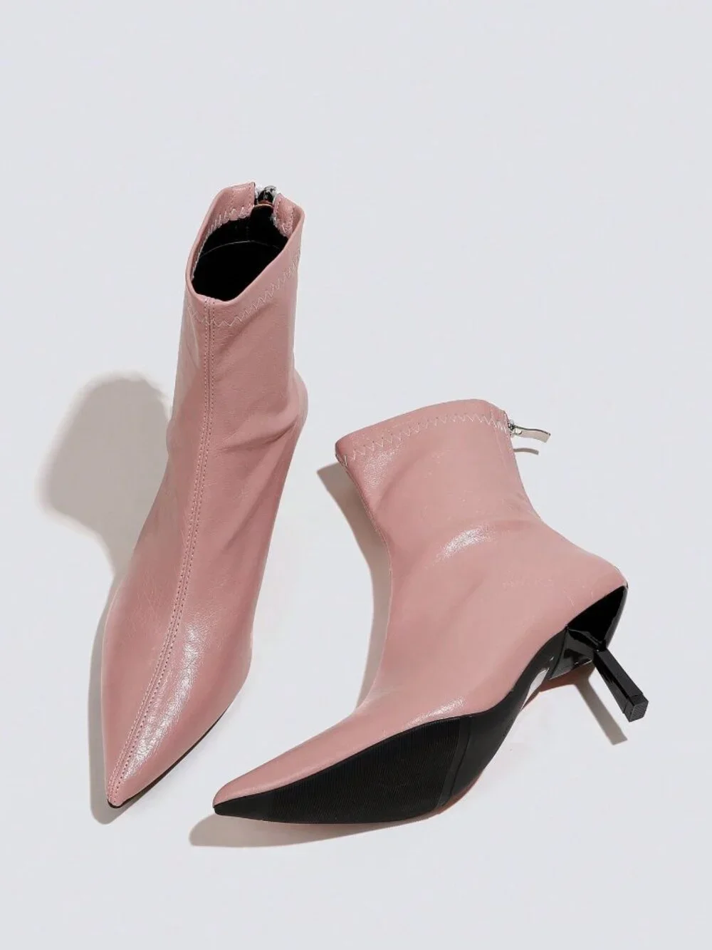 Pink Sexy Women's Pointed Toe Slim Elastic Back Zipper Mid Heel Ankle Boots